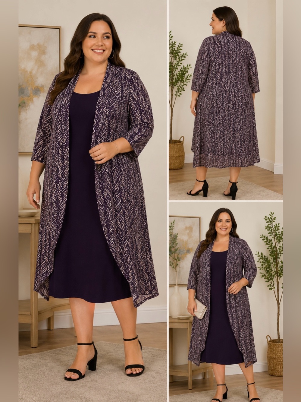 Connected Apparel Women’s 22W Purple Abstract Print Layered Midi Dress